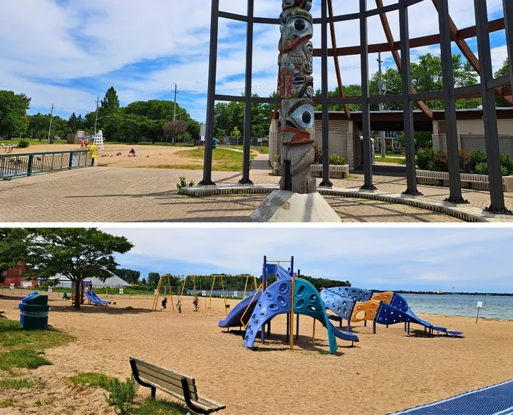 Collage of Sandpoint Beach Park totem and playground
